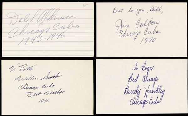 1943-70 Chicago Cubs Signed Index Card - Lot of 4 With Randy Hundley Jim Colborn Dale Alderson Willie Smith - JSA 
