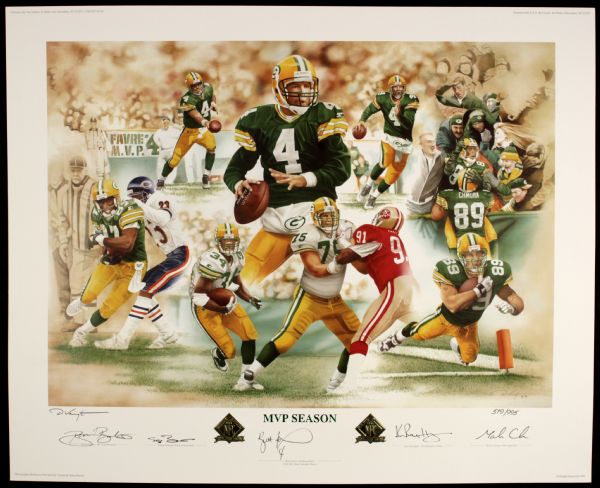 1996 Brett Favre Green Bay Packers Signed MVP Season Print Also Signed by Mark Chmura Edgar Bennett Robert Brooks & Ken Ruettgers 519/995  - JSA 