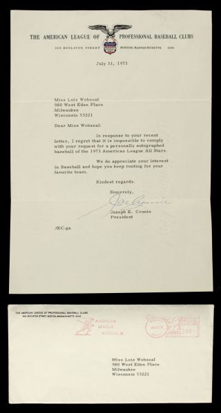 1973 Joe Cronin A.L. President Signed Letter on American League Stationery - JSA 