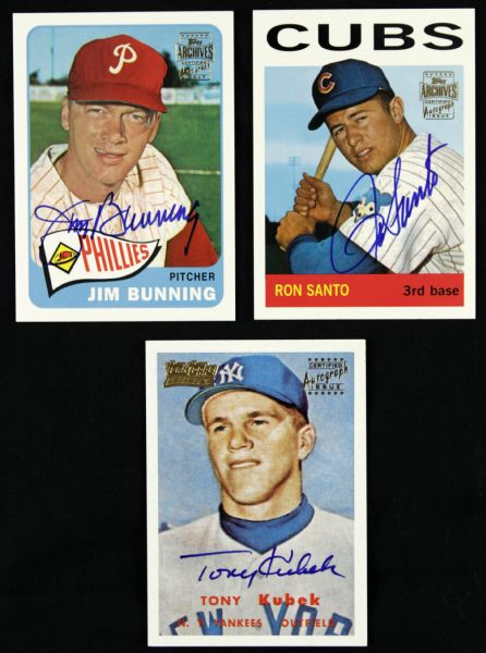 2001-02 Ron Santo Cubs Jim Bunning Phillies & Tony Kubek Yankees Signed Topps Archives Cards - JSA 