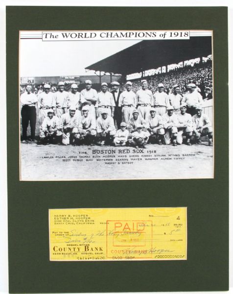 1918 Boston Red Sox World Champions Photo (Babe Ruth) matted with Harry Hooper signed check