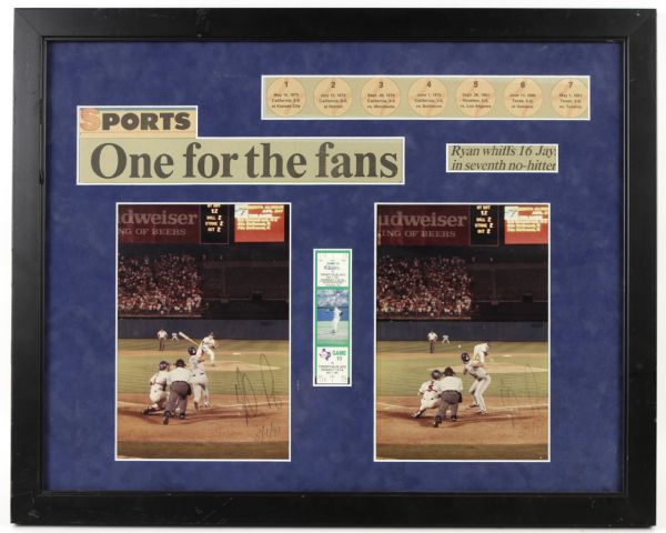 1991 Nolan Ryan Texas Rangers Signed 8" x 10" Photo Display With Full Ticket to Seventh No-Hitter - JSA 