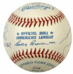 1990-91 500 Home Run Club Multi Signed OAL (Brown) Baseball w/ 11 Sigs. Incl. Mickey Mantle Ted Williams Willie Mays Hank Aaron - JSA Full Letter