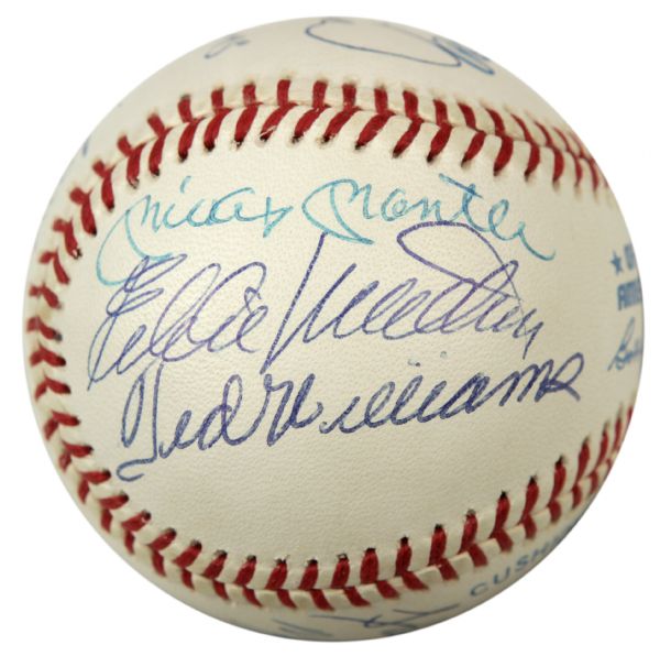 1990-91 500 Home Run Club Multi Signed OAL (Brown) Baseball w/ 11 Sigs. Incl. Mickey Mantle Ted Williams Willie Mays Hank Aaron - JSA Full Letter