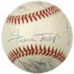 1990-91 500 Home Run Club Multi Signed OAL (Brown) Baseball w/ 11 Sigs. Incl. Mickey Mantle Ted Williams Willie Mays Hank Aaron - JSA Full Letter
