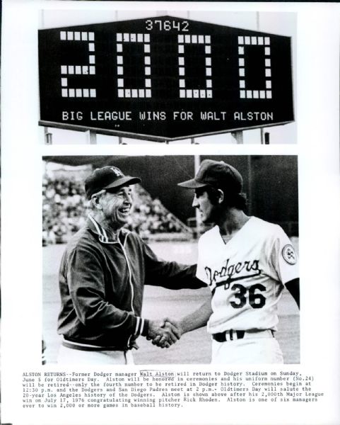1977 Walter Alston Rick Rhoden Los Angeles Dodgers "The Sporting News Collection Archives" Original 8" x 10" Photo (Sporting News Collection Hologram/MEARS Photo LOA)