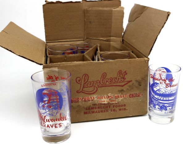 1951-54 Milwaukee Braves Lambrecht Foods Glass In Original Box - Lot of 5 With Schedules 