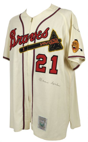 1990s Warren Spahn Milwaukee Braves Signed Mitchell & Ness Flannel Jersey Twice Signed - JSA 