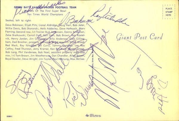 1967  Green Bay Packers Signed 6" x 9" Postcard w/ 10 Sigs. Incl. Ray Nitschke Max McGee Lionel Alridge