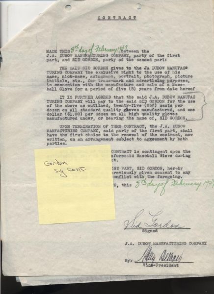 1949 Sid Gordon New York Giants Signed Sporting Goods Company Contract - JSA
