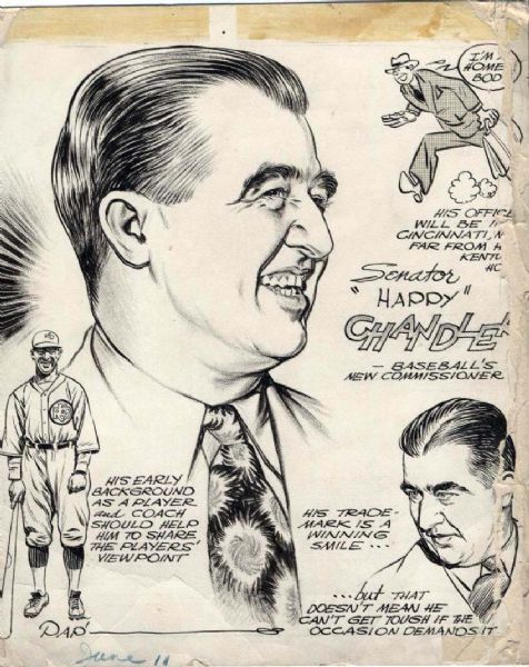 1945 Happy Chandler Commissioner of Baseball "The Sporting News Collection Archives" Original Illustration Artwork (Sporting News Collection Hologram/MEARS Photo LOA)