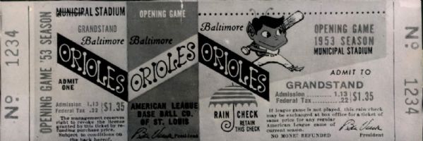 1953 Baltimore Orioles Ticket Mock-up "The Sporting News Collection Archives" Original 2.5" x 7" Photo (Sporting News Collection Hologram/MEARS Photo LOA)