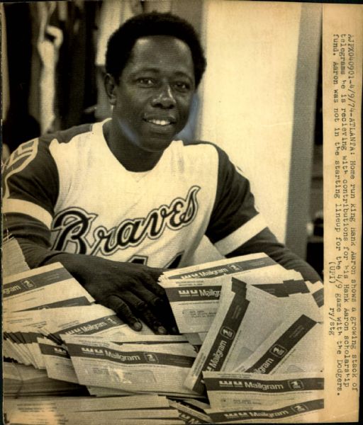 1974 Hank Aaron and Telegrams Atlanta Braves "The Sporting News Collection Archives" Original 8" x 9.5" Photo (Sporting News Collection Hologram/MEARS Photo LOA)
