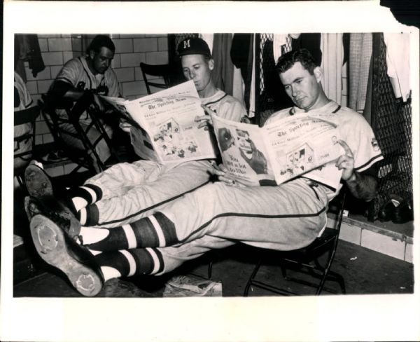 1957 Dave Jolly and Joe Adcock Milwaukee Braves "The Sporting News Collection Archives" Original 8" x 10" Photo (Sporting News Collection Hologram/MEARS Photo LOA)