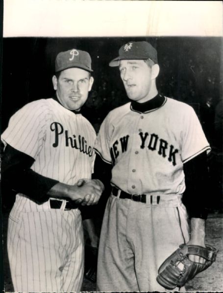 1953 Robin Roberts Philadelphia Phillies Larry Jansen New York Giants "The Sporting News Collection Archives" Original Photo (Sporting News Collection Hologram/MEARS Photo LOA)