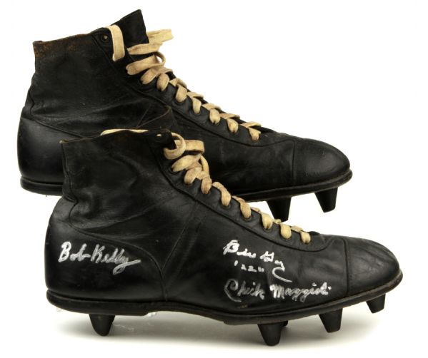 1940s Chick Maggioli Notre Dame Fighting Irish Game Worn Signed Cleats Also Signed by Joe Yonto Bill Gay & Bob Kelly (MEARS Auction LOA)