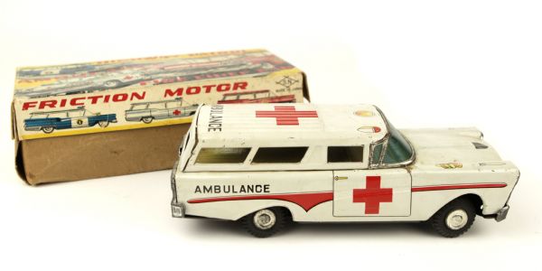 1960s Friction Motor Tin Ambulance Manufactured in Japan with original box