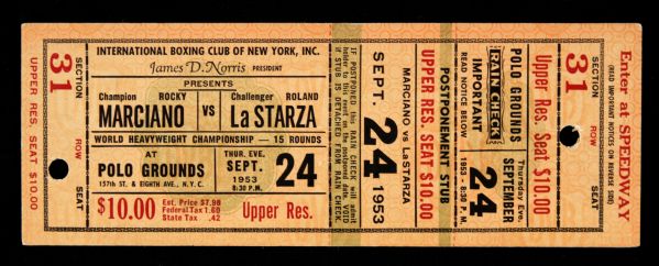 1953 Rocky Marciano vs. Roland Le Starza Full Ticket From Marcianos Second Title Defense