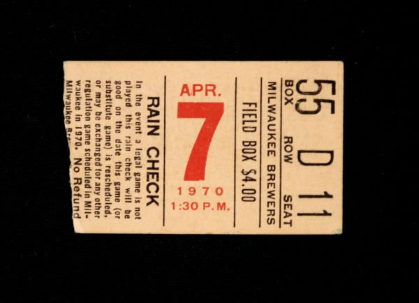 1970 Milwaukee Brewers First Game Ticket Stub 