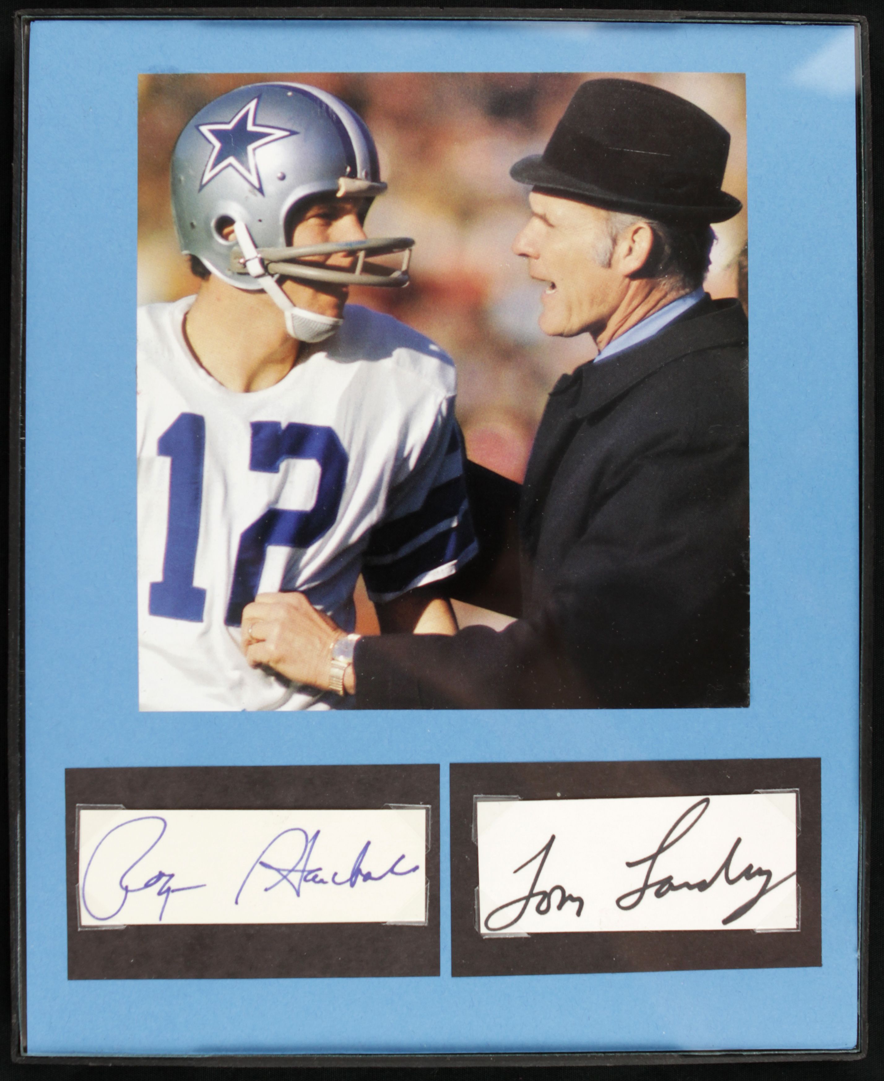 Lot Detail - 1980s Roger Staubach & Tom Landry Dallas Cowboys Signed Cut Display - JSA2856 x 3492