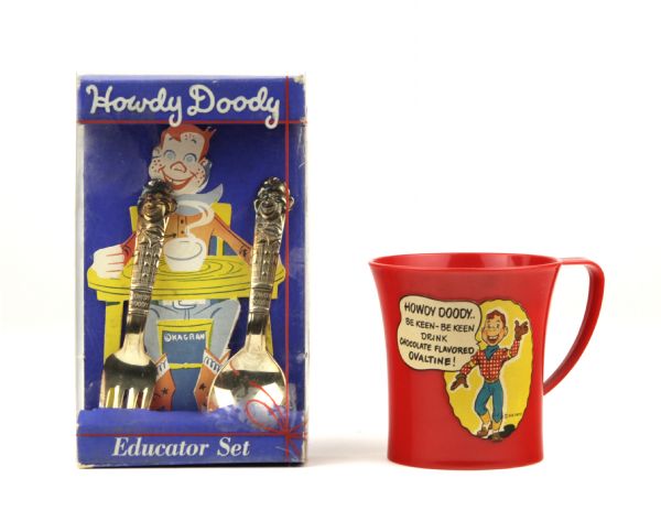 1950s Howdy Doody 2 Piece Fork & Knife Educator Set & Ovalitine Mug