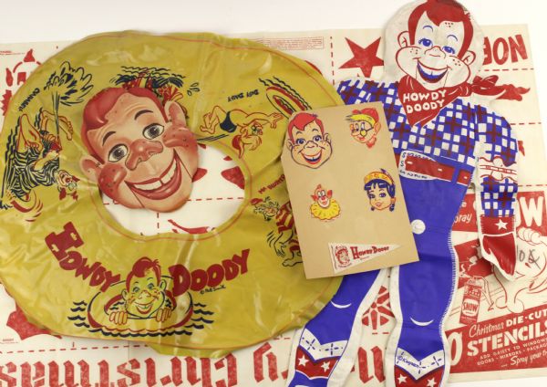 1950s Inflatable Howdy Doody Doll & Innertube Paper Mask and Christmas Decorations