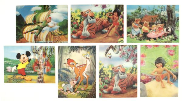 1960s Walt Disney 3-D Holgram Postcards (Mickey Mouse, Jungle Book, Peter Pan, Bambi, Goldilocks) - Lot of 7