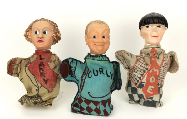 1950s The Three Stooges Larry Moe & Curley 8" Hand Puppets - Rare 