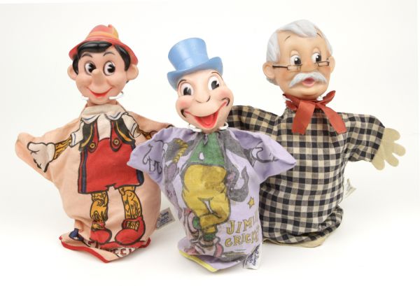 1950s Pinocchio Geppetto Jiminy Cricket Walt Disney 9" Hand Puppets - Lot of 3