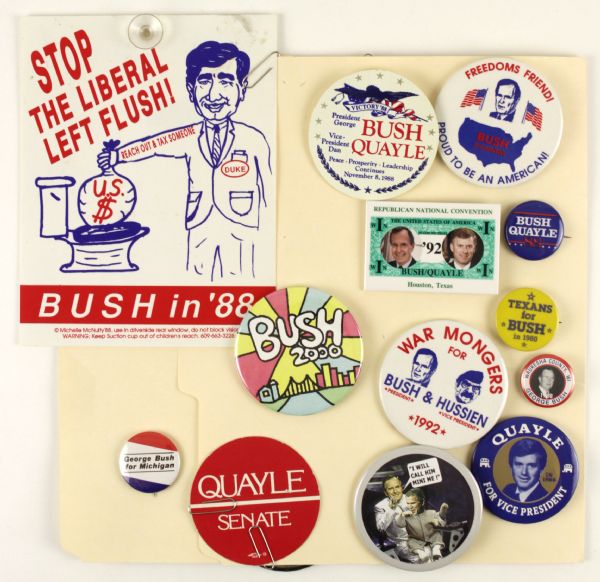 1980-2000 George H.W. Bush George W. Bush Dan Quayle Republican Political Buttons - Lot of 16 w/Bumper Sticker & Pamphlets 