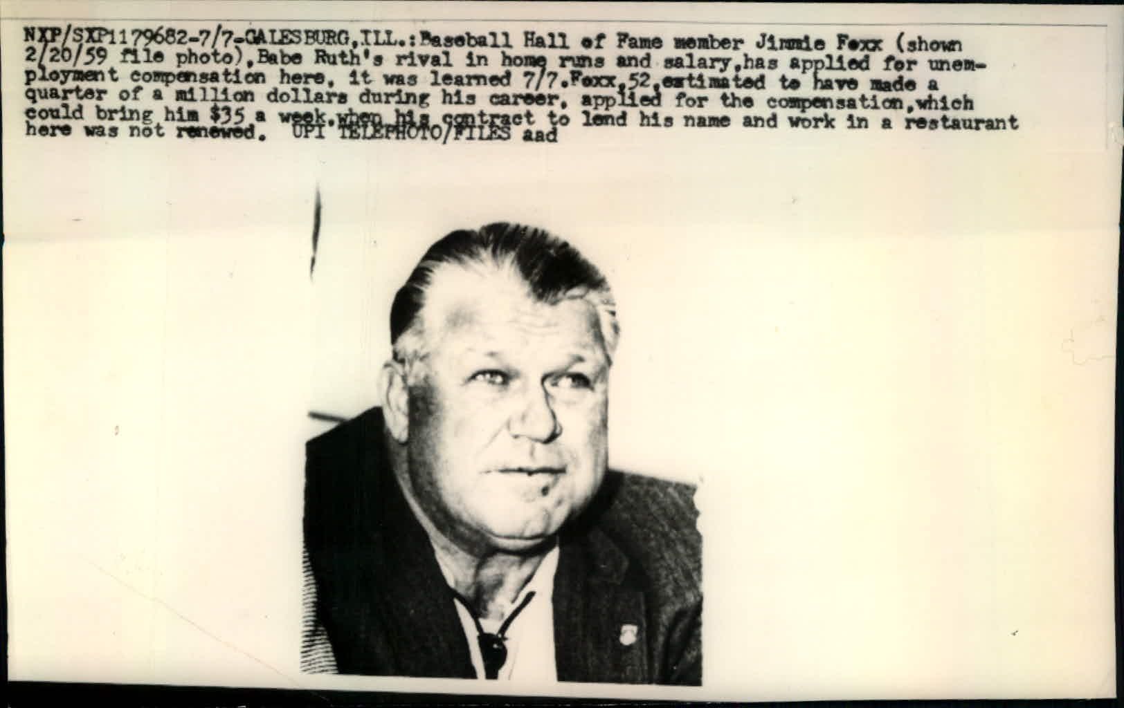 Lot Detail - 1954-67 Jimmie Foxx Post Retirement “Seattle Times” Original  News Photo (“Seattle Times” Hologram/MEARS LOA)