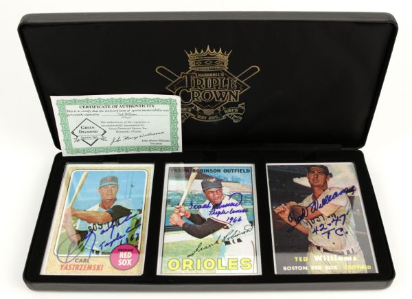 1990s Triple Crown Winners Signed Ceramic Card - Frank Robinson Ted Williams Carl Yastrzemski Signed In Original Case - JSA 