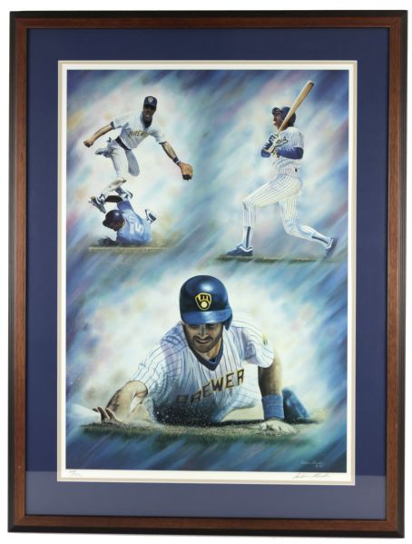 1992 Robin Yount Jim Gantner Paul Molitor The End of An Era Andrew Goralski Signed Print Also Signed by George Brett - JSA 