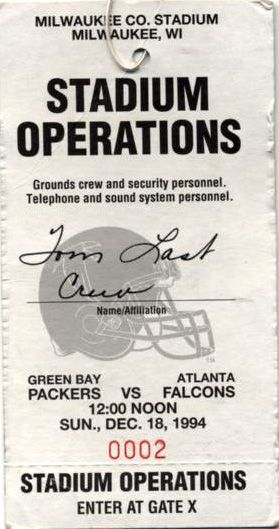 Lot Detail - 1994 Green Bay Packers Atlanta Falcons Sideline Pass Last  County Stadium Game - Brett Favre Game Winning TD Run (Scott Waters LOA)