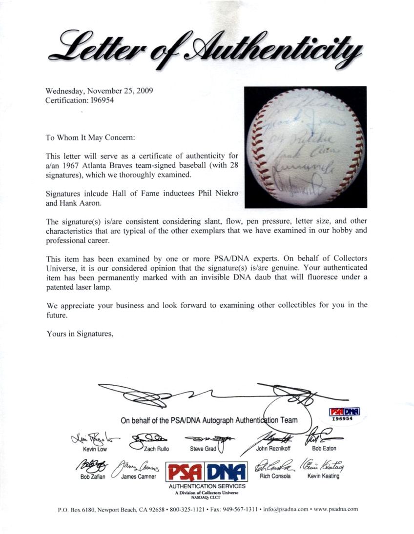 1967 Atlanta Braves Team Signed Baseball (28 Signatures)., Lot #43107