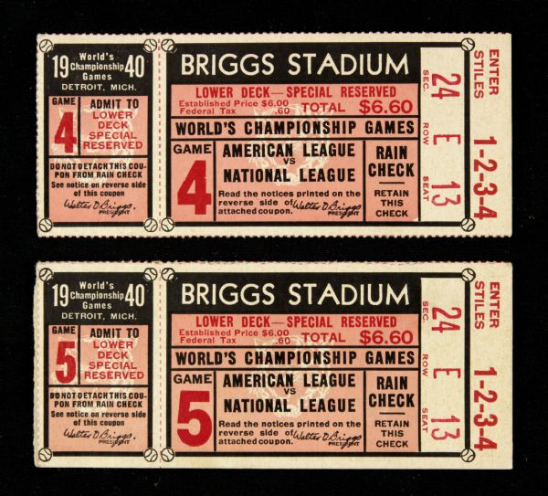 1940 Detroit Tigers vs. Cincinnati Reds World Series Ticket (Lot of 2) 