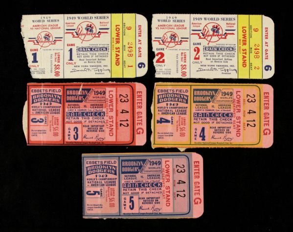 1949 New York Yankees vs. Brooklyn Dodgers World Series Ticket Run One Ticket From Each of the Five Games - First World Series Win  For Casey Stengel