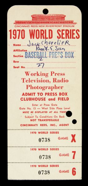 1970 Cincinnati Reds vs. Baltimore Orioles World Series Press Pass 