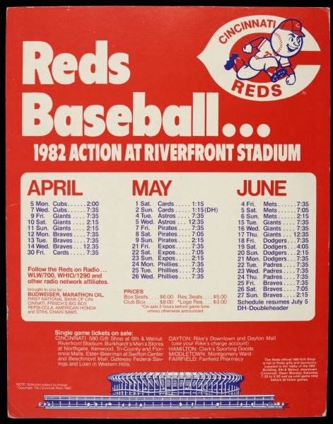 1982 Cincinnati Reds Baseball Schedule Promotional 