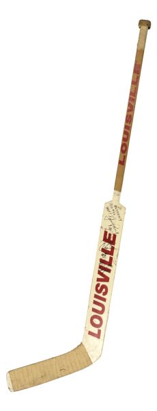 1988-89 Darren Pang Chicago Blackhawks Game Used Louisville Goalie Stick Signed by Teammates (MEARS LOA) 
