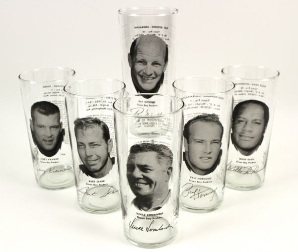 1970s Green Bay Packers Pizza Hut Glasses w/Bart Starr (Set of 6) 