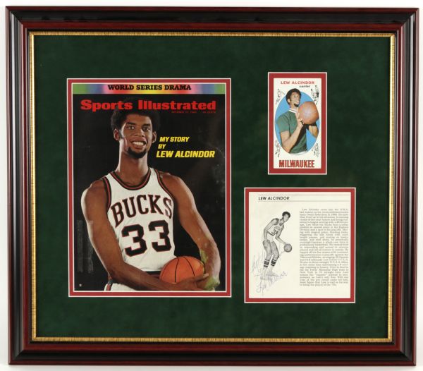 1969-71 Lew Alcindor Milwaukee Bucks Signed Magazine Page Ticket  & Rookie Card Display - JSA 