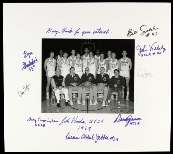 1969 UCLA Bruins Signed 16" x 20" Photo Display w/9 Sigs. Incl. John Wooden Inscription & Full Name Kareem Abdul Jabbar - JSA 