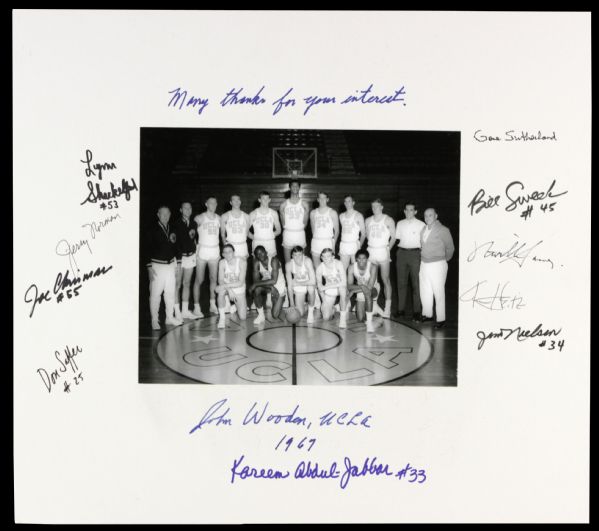 1967 UCLA Bruins Signed 16" x 20" Display w/10 Sigs. Incl. John Wooden & Full Name Kareem Abdul Jabbar Penning 30-0 Undefeated Season - JSA 