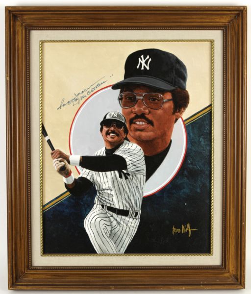 1990s Reggie Jackson New York Yankees Signed Original Leon Wolf Canvas Painting 22" x 16" 