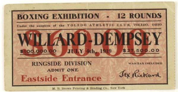 1919 Jess Willard vs. Jack Dempsey Fight Ticket Stub - $100,000 Fight 