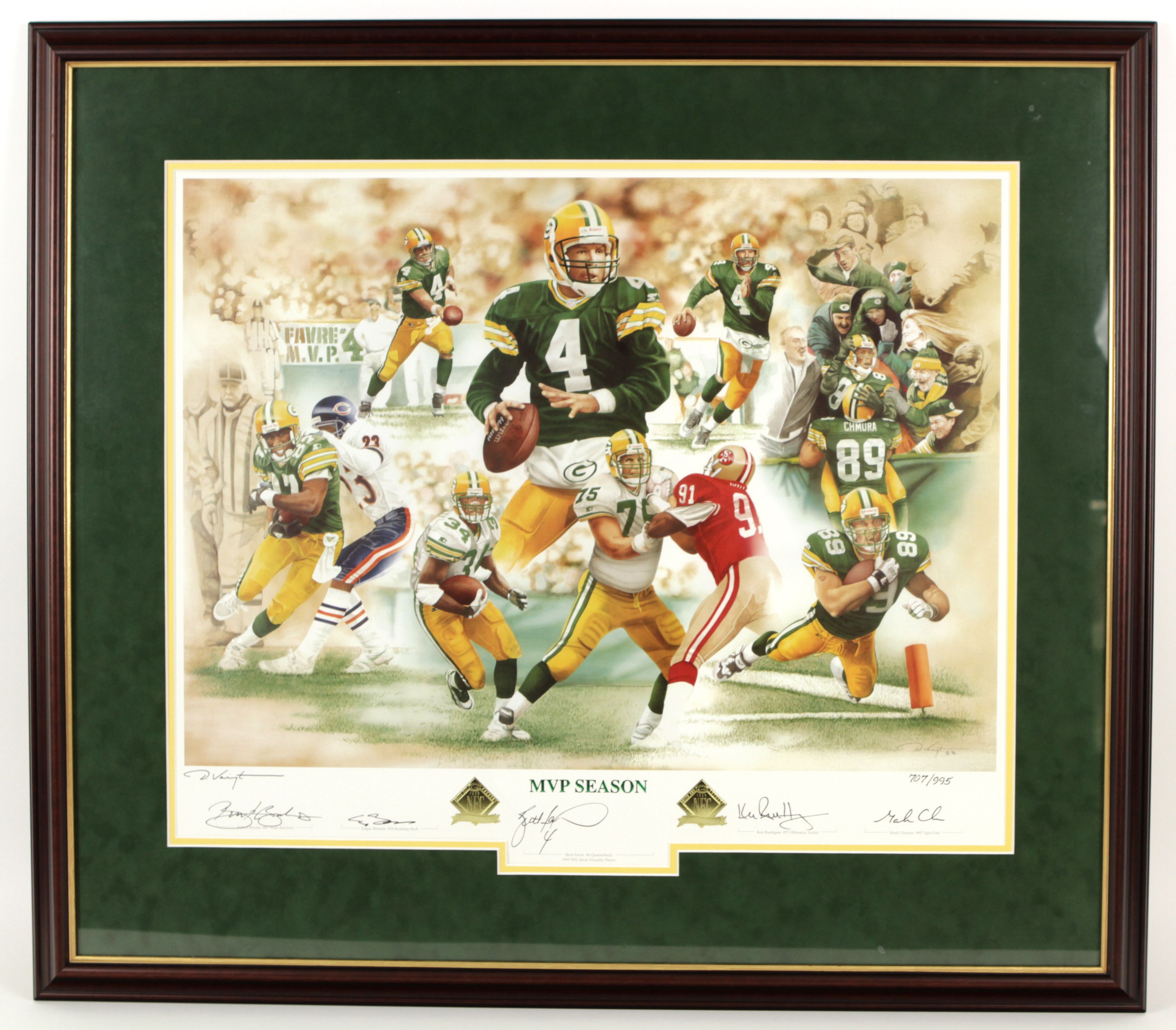 Lot Detail - 1996 Brett Favre Green Bay Packers Signed MVP Season Print  Also Signed by Mark Chmura Edgar Bennett Robert Brooks & Ken Ruettgers  518/995 - JSA