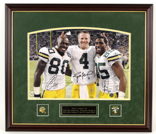 2007 Brett Favre Greg Jennings & Donald Driver Green Bay Packers Hand Signed 26" x 22 1/2" Touchdown Breaking Record James Biever Photo Display w/Player Holograms