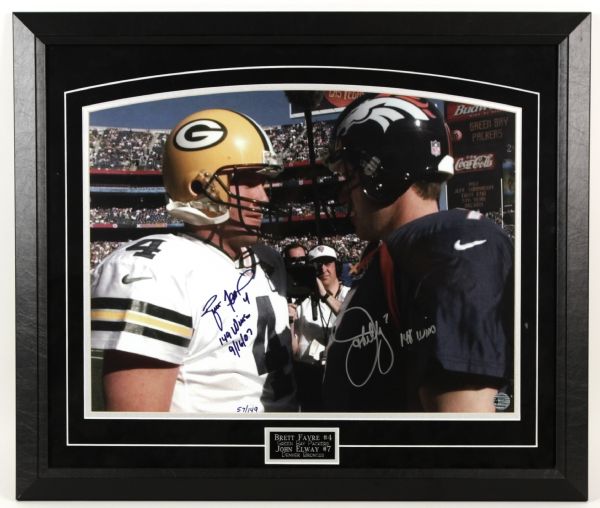 2007 Brett Favre Green Bay Packers & John Elway Denver Broncos Hand Signed 26 1/2" x 22" Photo Display w/Player Holograms & Photos From Signing 57/149