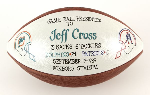 1989 Jeff Cross Miami Dolphins Presentation Football For 3 Sack 6 Tackle Performance (MEARS LOA) 